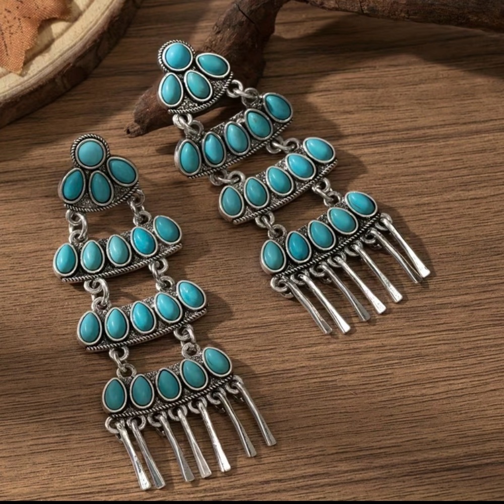 Western Earrings Bohemian Turquoise Silver Dangle Earrings Cowgirl Southwestern - Picture 2 of 4
